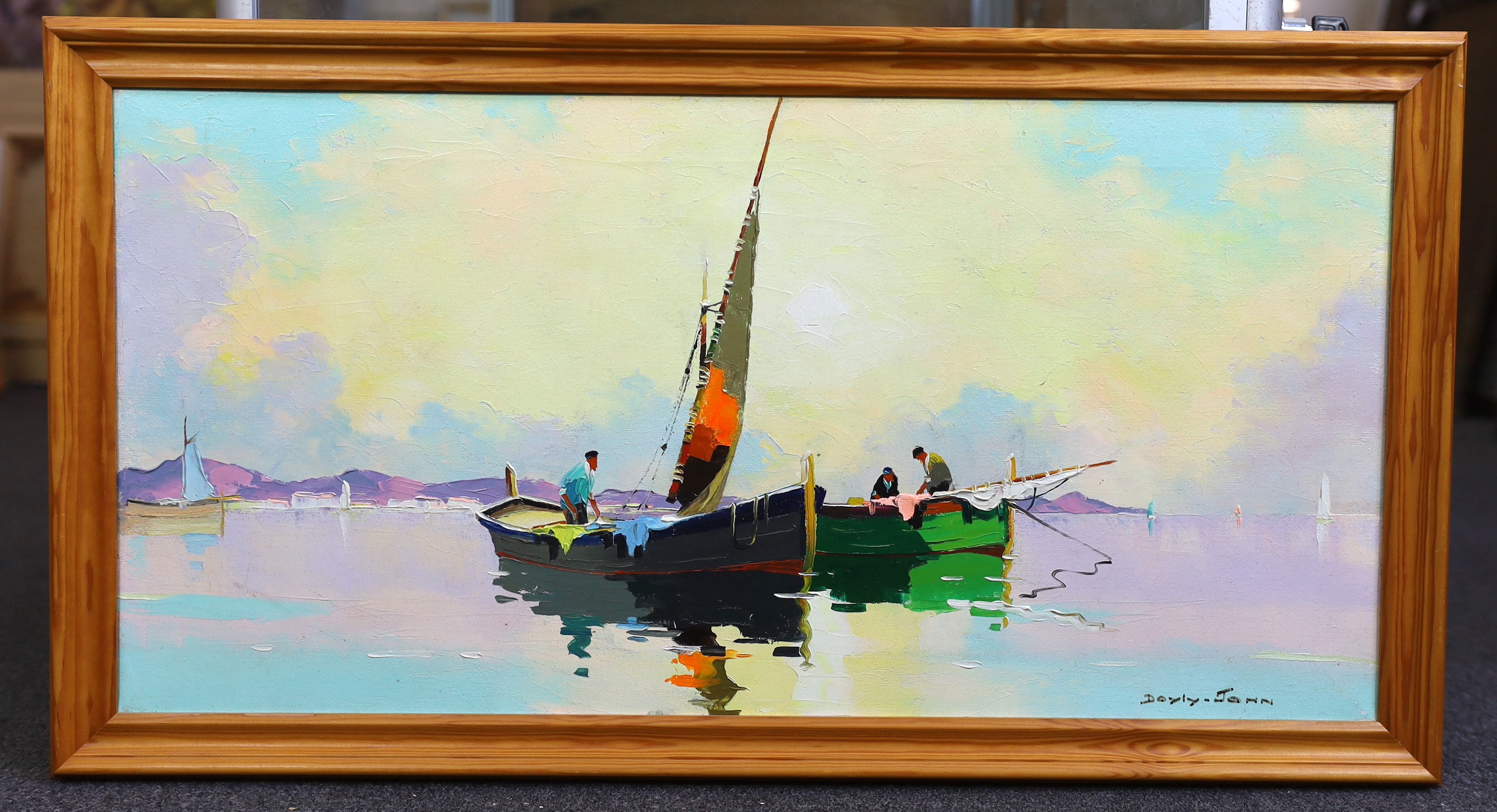 Cecil Rochfort D'Oyly John (English, 1906-1993), 'Dawn fishermen off French coast near St. Tropez, South of France', oil on canvas, 34 x 70cm